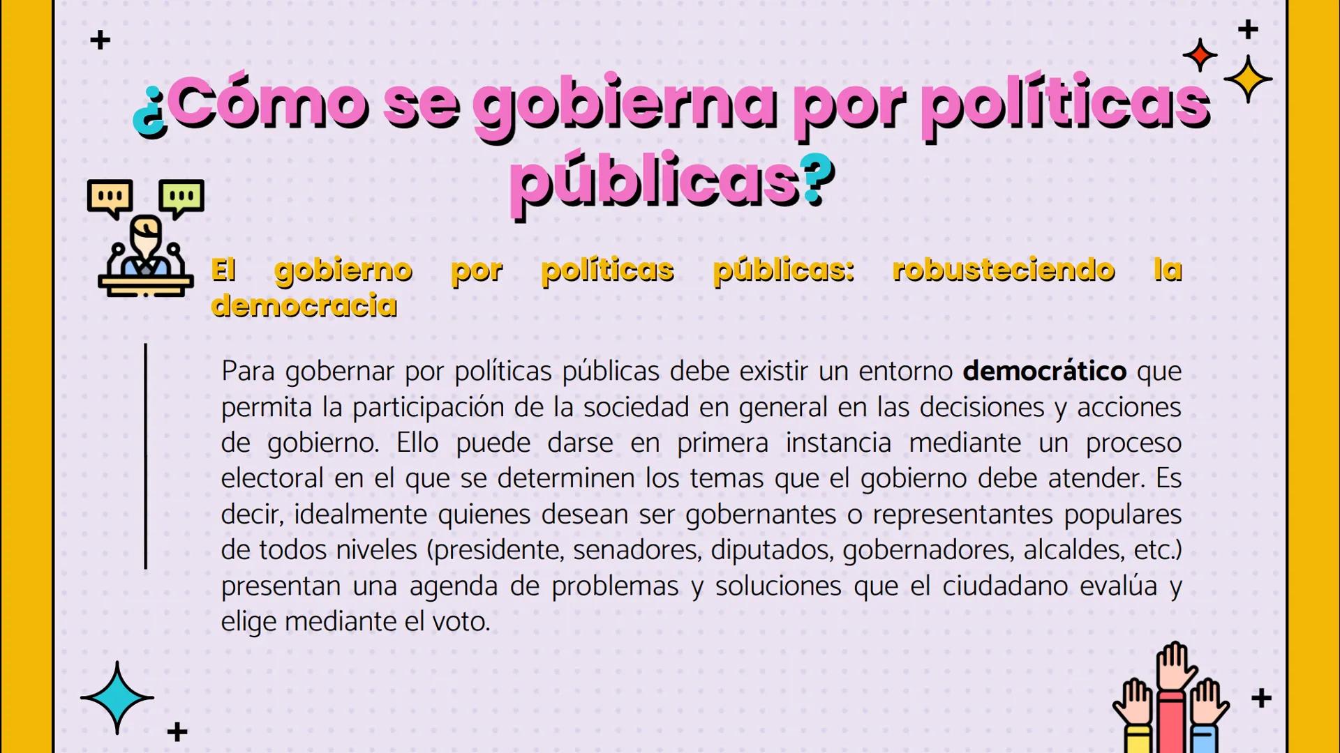 Democracia y
Políticas públicas
C
+ +
¿Qué es democracia?
La democracia es un sistema político que defiende la soberanía del pueblo y el der
