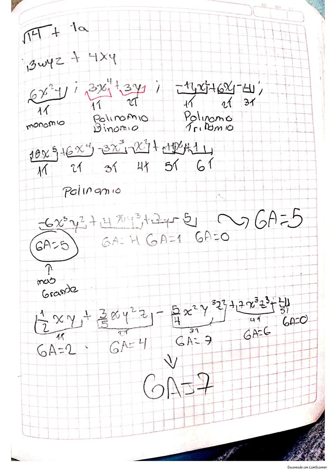 Polinomios

Es una expresión algebraicas formado por
sumas o restas de 2 o mas terminos. Los
monomios que conforman el polimonio se denomina