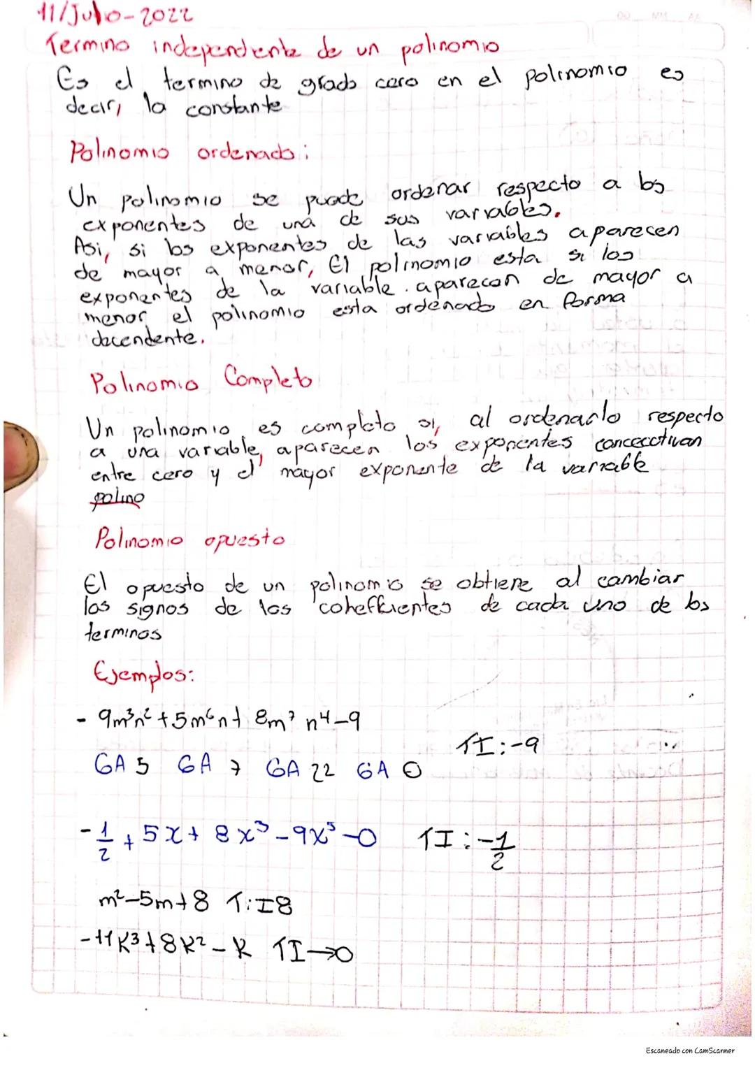 Polinomios

Es una expresión algebraicas formado por
sumas o restas de 2 o mas terminos. Los
monomios que conforman el polimonio se denomina