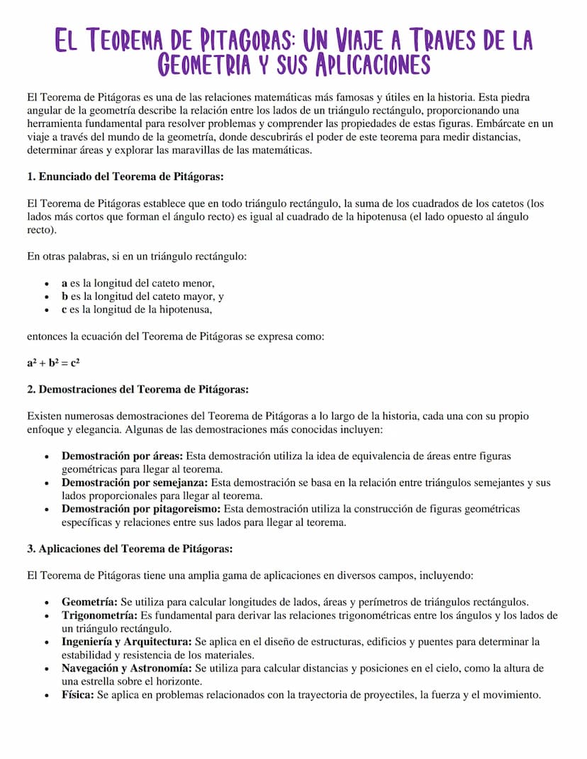 EL TEOREMA DE PITAGORAS: UN VIAJE A TRAVES DE LA
GEOMETRIA Y SUS APLICACIONES
El Teorema de Pitágoras es una de las relaciones matemáticas m
