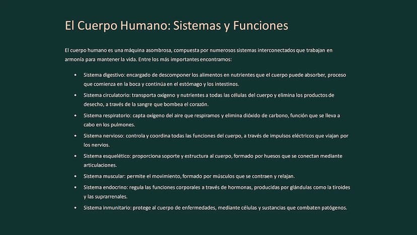 El Cuerpo Humano y la Salud
Este documento explorará la intrincada maquinaria del cuerpo humano, destacando los sistemas que lo componen, la