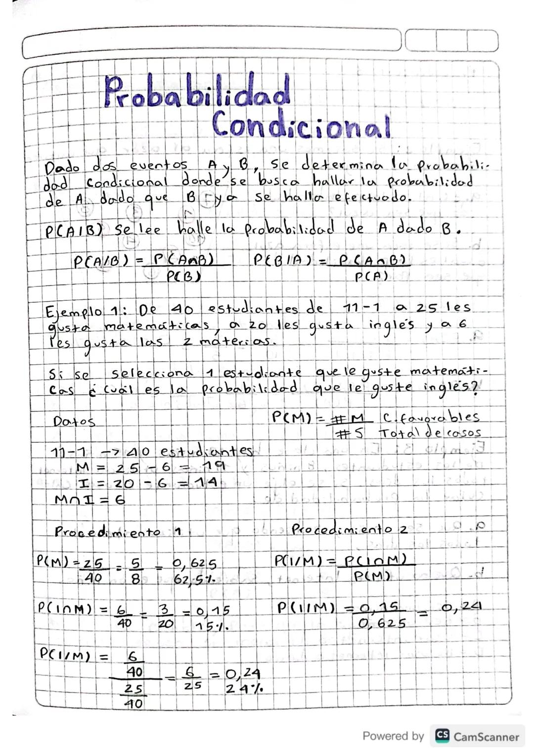Probabilidad
Condicional
Dado dos eventos Ay B, se determina la probabili-
dad condicional donde se
[de A dado
que
BF yo
busca hallar la pro