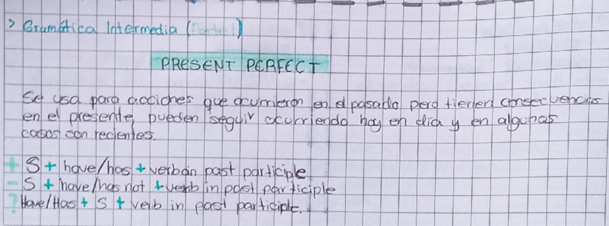> Gramática Intermedia (Parcial)

PRESENT PERFECT

Se usa para acciones que ocurrieron en el pasado pero tienen consecuencias en el presente