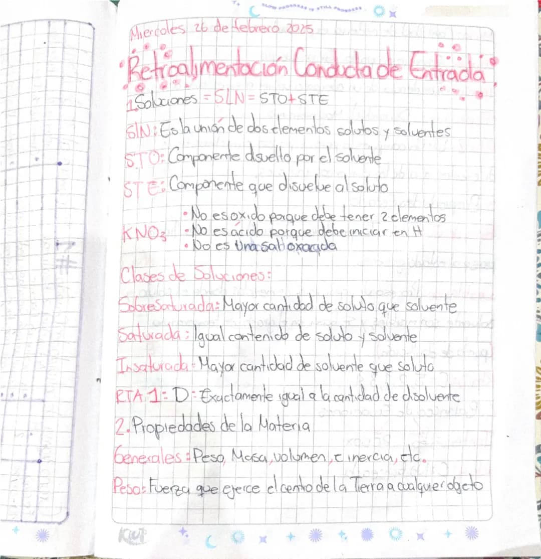 Miercoles 26 de febrero 2025
•Retroalimentación Conducdade Entrada
1. Solciones = SLN-STO-STE
SIN: Es la unión de dos elementos solutos y so
