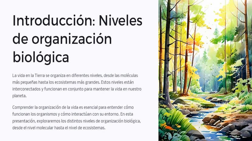 Introducción: Niveles
de organización
biológica
La vida en la Tierra se organiza en diferentes niveles, desde las moléculas
más pequeñas has