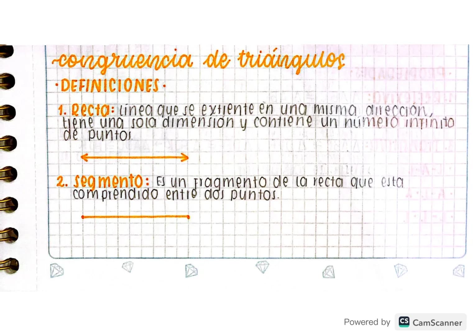 congruencia de triangulos
DEFINICIONES
1. Recta: linea que se extiente en una misma dirección,
tiene una sola dimensión y contiene un numero