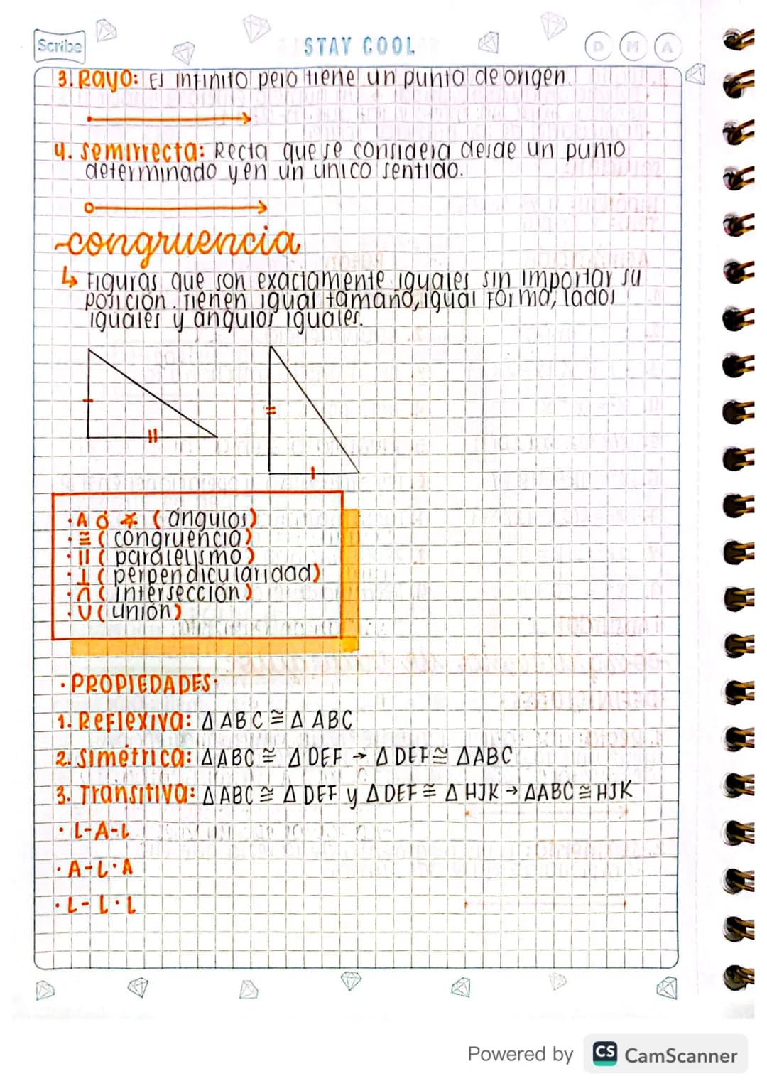 congruencia de triangulos
DEFINICIONES
1. Recta: linea que se extiente en una misma dirección,
tiene una sola dimensión y contiene un numero