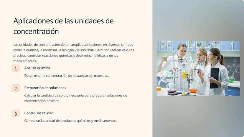 las unidades de
concentración
Las unidades de concentración son herramientas esenciales en
química para expresar la cantidad de soluto prese