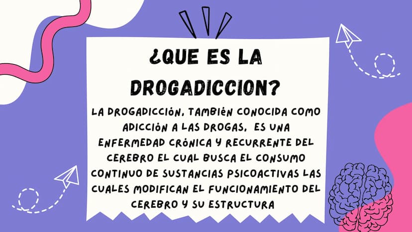LA
DROGADICCION ппо
¿QUE ES LA
DROGADICCION?
LA DROGADICCIÓN, TAMBIÉN CONOCIDA COMO
ADICCIÓN A LAS DROGAS, ES UNA
ENFERMEDAD CRÓNICA Y RECUR