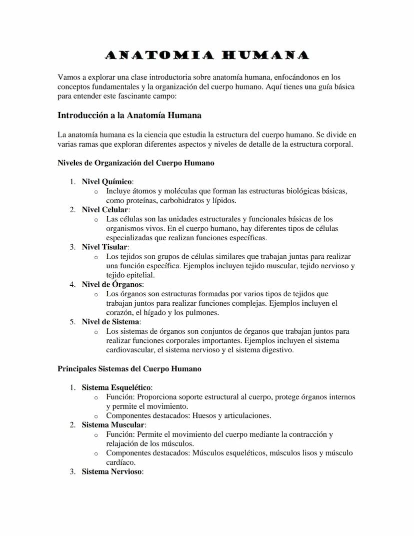 ANATOMIA HUMANA
Vamos a explorar una clase introductoria sobre anatomía humana, enfocándonos en los
conceptos fundamentales y la organizació