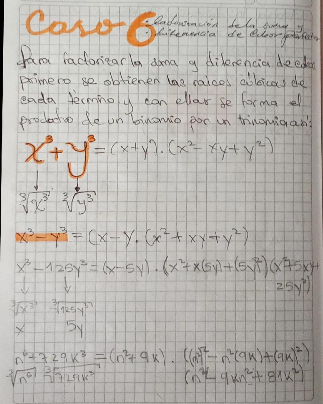 Caso 6

diferencia de Cloor perfectos
fara factorizar la ama y diferencia de eukar
primero se obtienen las raises culoicas de
eada termiño y