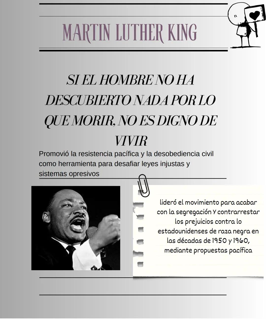OI LL HOMORE NO HA DLOCODILINTO NADA
POR LO QUE MORIR, NO ES DIGNO DE VIVIR

MARTIN LUTHER KING

PROMOVIÓ LA
RESISTENCIA
PACIFICA Y LA
DESOB