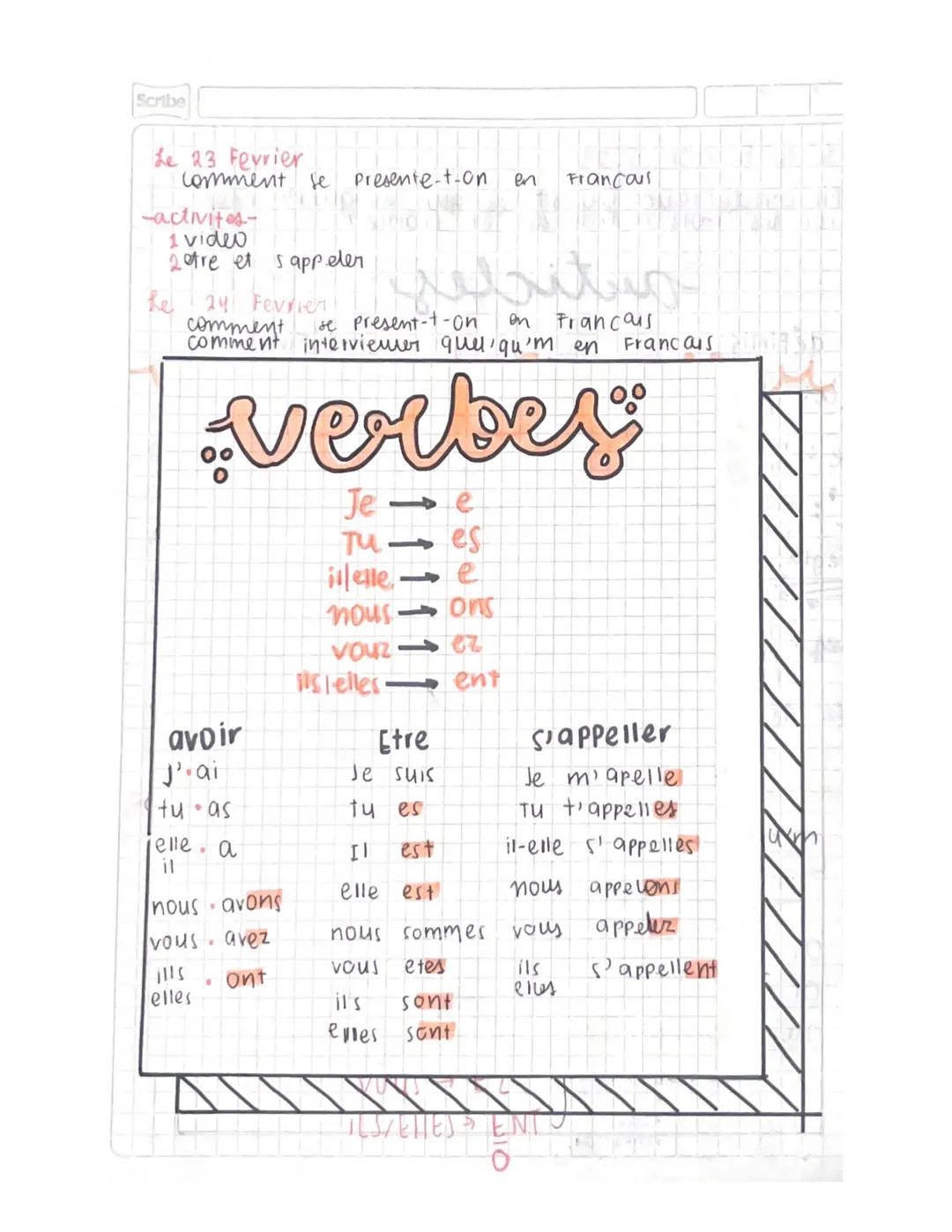 Scribe

Le 23 Fevrier
comment se presente-t-on en Francaul

-activites-
1 video
2 etre et sappeler

he 24 Fevrier
comment se present-t-on on