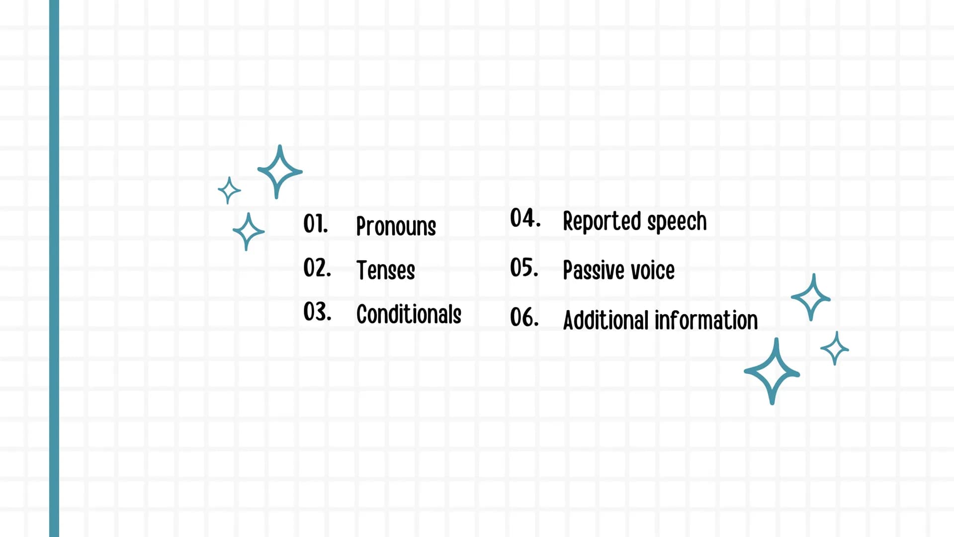 སྦྲ
ENGLISH
NOTEBOOK 01. Pronouns
02. Tenses
03. Conditionals
04. Reported speech
05. Passive voice
06. Additional information 4
01. PRONOUN