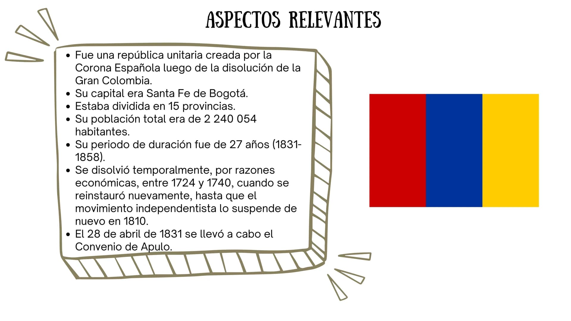 ASPECTOS RELEVANTES
• Fue una república unitaria creada por la
Corona Española luego de la disolución de la
Gran Colombia.
• Su capital era 