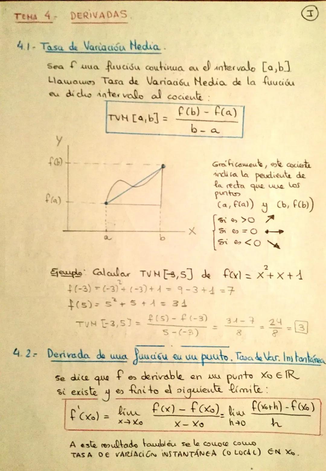 TEMA 4 DERIVADAS
4.1- Tasa de Variación Media
eu
Sea una funcióu continua en el intervalo [a,b]
Llamamos Tasa de Variación Media de la funci