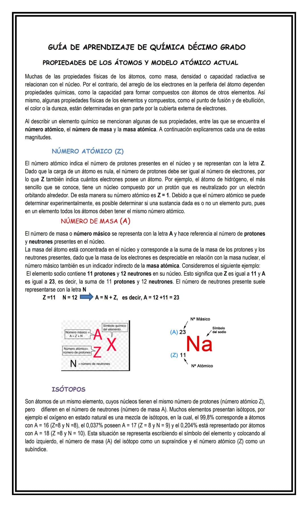 GUÍA DE APRENDIZAJE DE QUÍMICA DÉCIMO GRADO
PROPIEDADES DE LOS ÁTOMOS Y MODELO ATÓMICO ACTUAL
Muchas de las propiedades físicas de los átomo