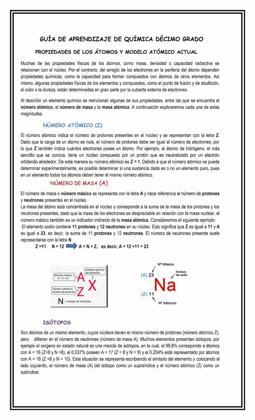GUÍA DE APRENDIZAJE DE QUÍMICA DÉCIMO GRADO
PROPIEDADES DE LOS ÁTOMOS Y MODELO ATÓMICO ACTUAL
Muchas de las propiedades físicas de los átomo