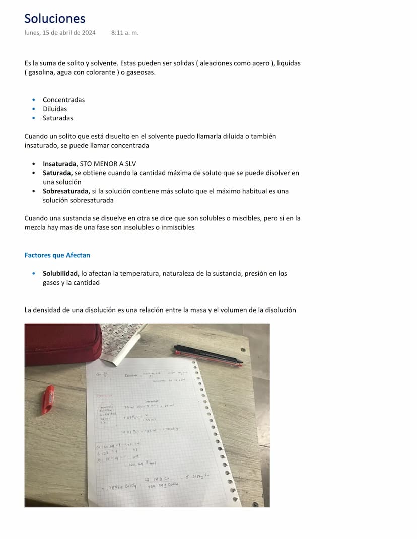 Soluciones
lunes, 15 de abril de 2024
8:11 a. m.
Es la suma de solito y solvente. Estas pueden ser solidas ( aleaciones como acero), liquida