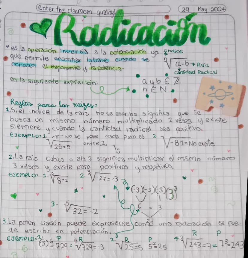 Enter the clasroom quality!
29 May 2024
Radicación
es la operación inversa a la potenciación
que permite encontrar la base cuando se
conocen