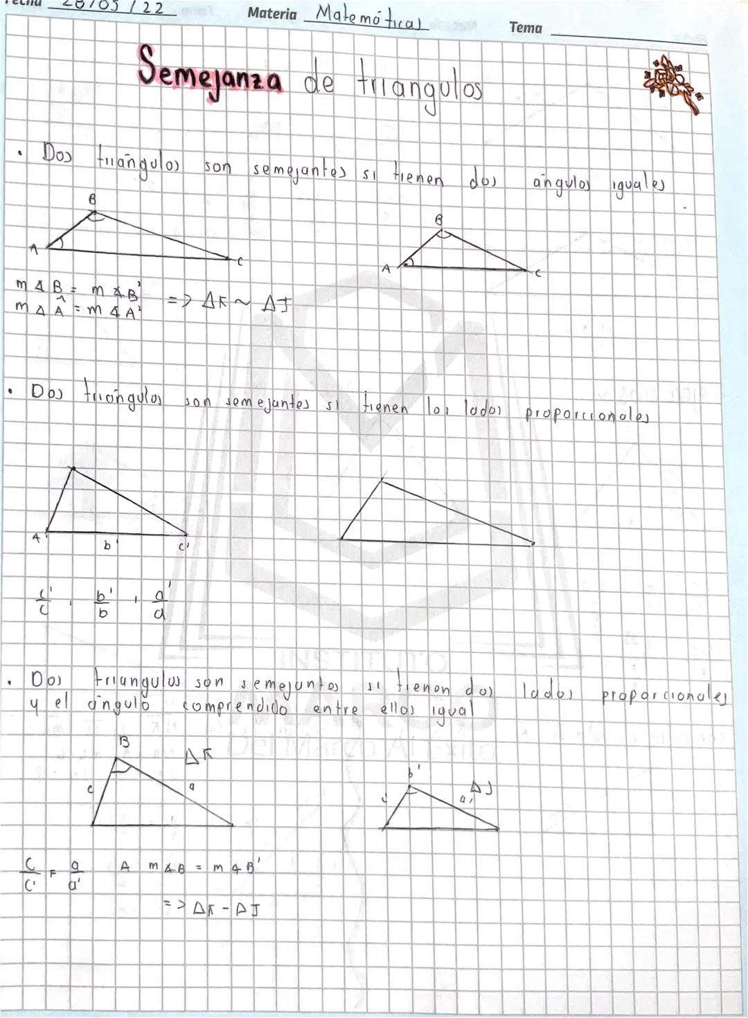 122
Materia Matemátical
Tema
Semejanza de triangulos
•
Dos angulos
Son semejantes
в
Si tienen dos angulor iguales
B
A
MAB
ب
MAB
=> AR~AJ
MAA