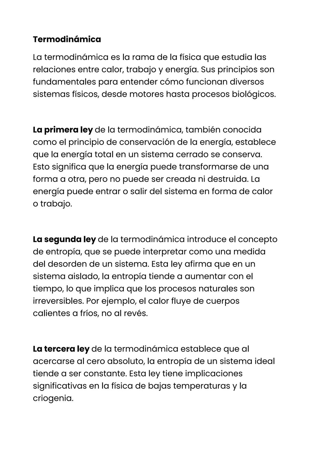 Termodinámica
La termodinámica es la rama de la física que estudia las
relaciones entre calor, trabajo y energía. Sus principios son
fundame