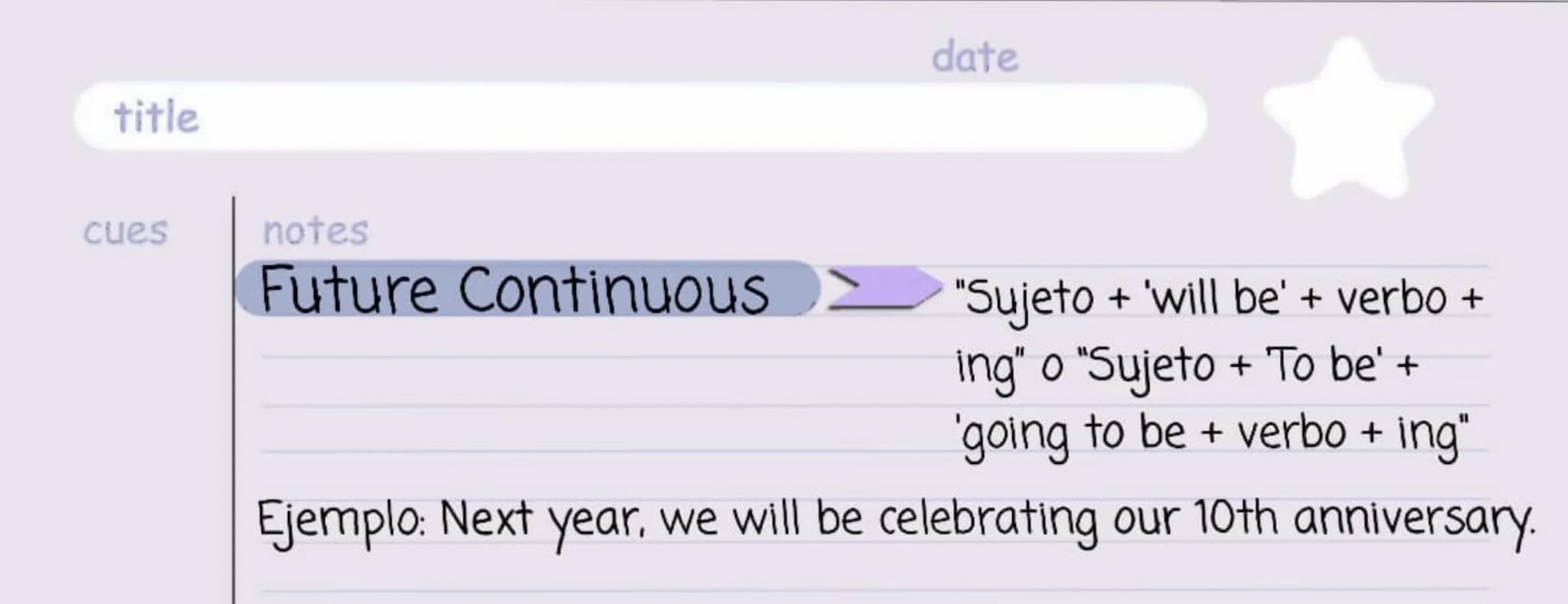 title
date
cues
notes
Present Simple
Verbal Tenses
Ejemplo: I work in an office.
Sujeto + verbo + complemento
(Se añade 's' o 'es' al verbo 
