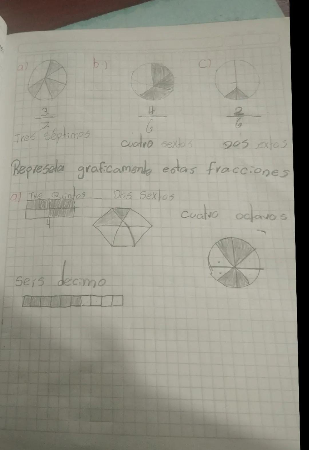 al

by

C)

$
\frac{3}{7}
$
Tres Séptimos

$
\frac{4}{6}
$
cuatro sextos

$
\frac{2}{6}
$
205 extos

Represeta graficamente estas fracciones