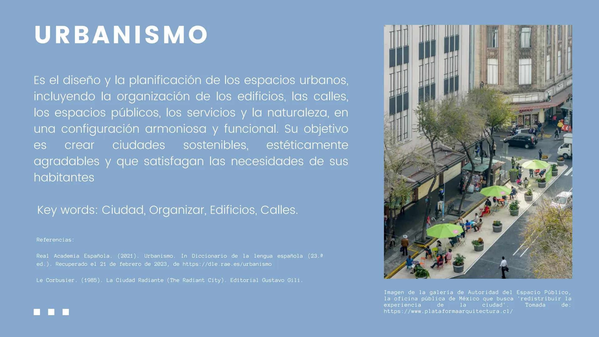 CONCEPTOS
BÁSICOS DE
URBANISMO URBANISMO
Es el diseño y la planificación de los espacios urbanos,
incluyendo la organización de los edificio