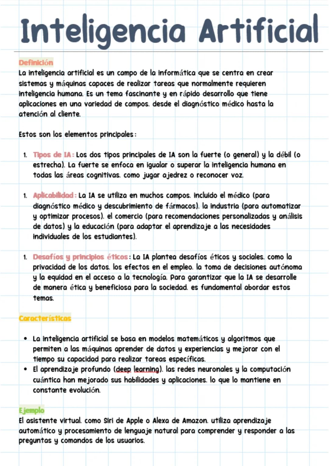 Inteligencia Artificial
Definición
La inteligencia artificial es un campo de la informática que se centra en crear
sistemas y máquinas capac