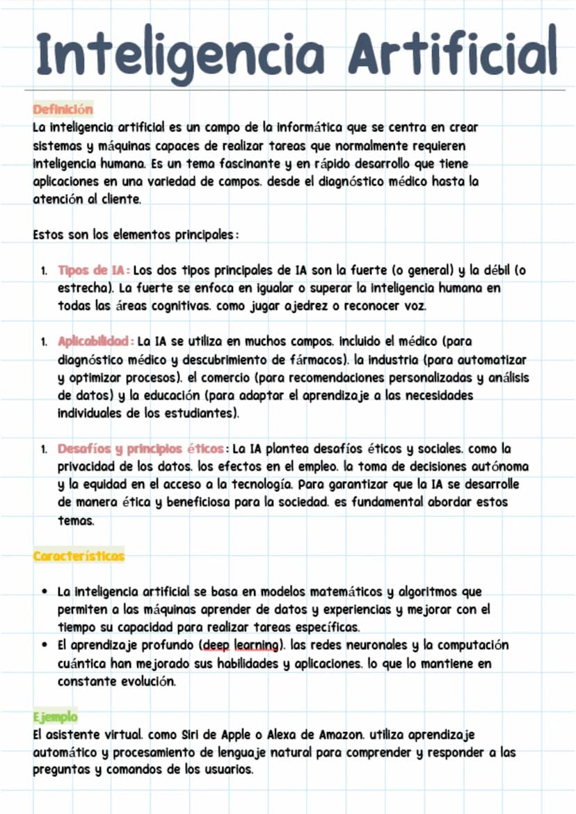 Inteligencia Artificial
Definición
La inteligencia artificial es un campo de la informática que se centra en crear
sistemas y máquinas capac