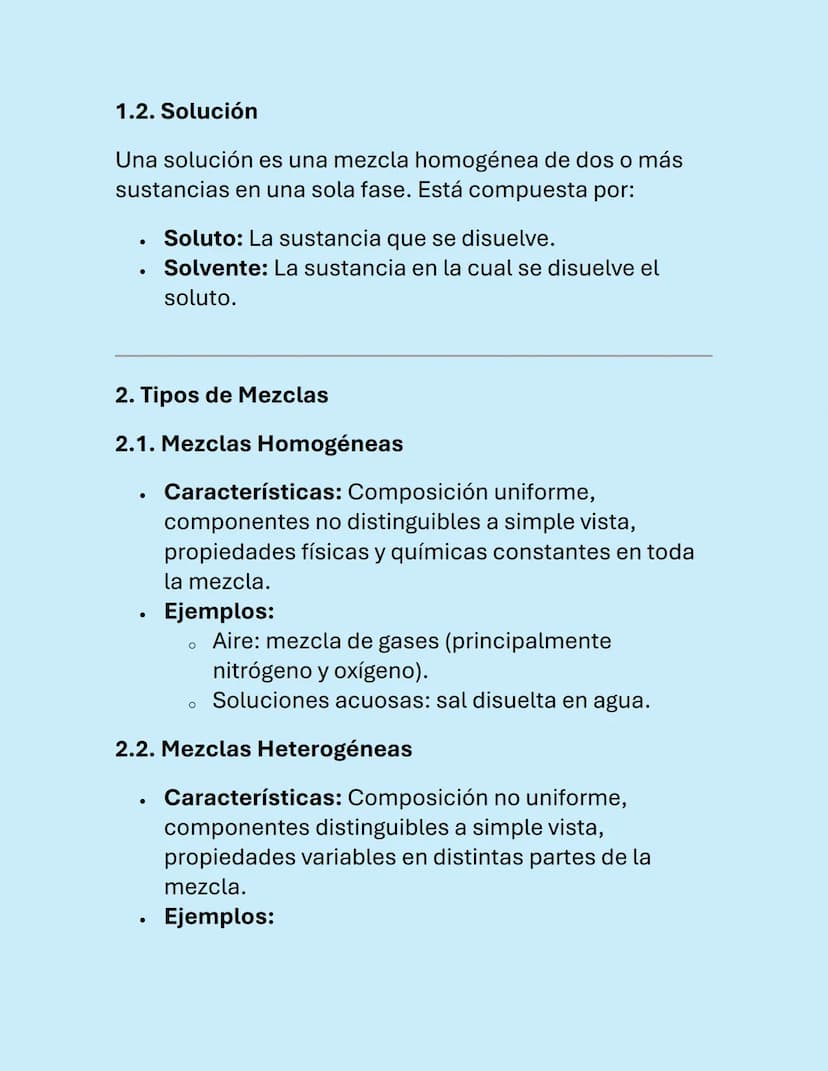 SOLUCIONES Y
MEZCLAS
Soluciones y Mezclas
Las soluciones y las mezclas son conceptos
fundamentales en química. Aquí se presenta una guía
det