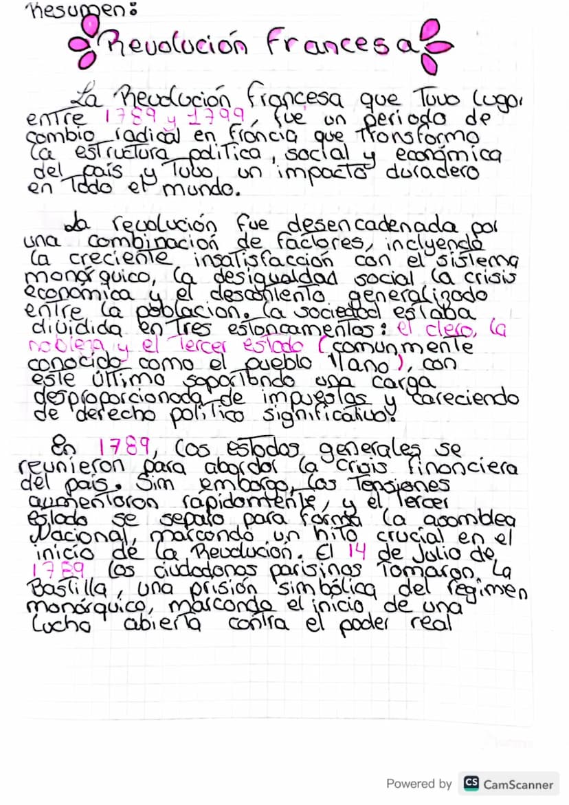 Resumen:
sungen
• Revolución Frances a
La
1789 de
Combio radical en Francia que trons formo
(a estructura poilica, social y econgmica
y Tubo