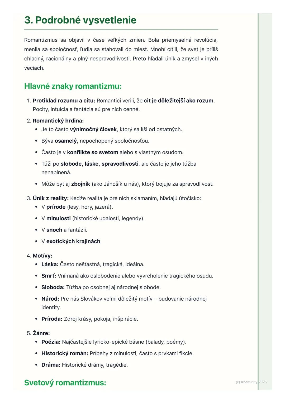 # Romantizmus

## 1. Prehľad / Úvod

Romantizmus je veľký umelecký smer, ktorý sa objavil v Európe koncom 18.
storočia a dominoval v prvej p