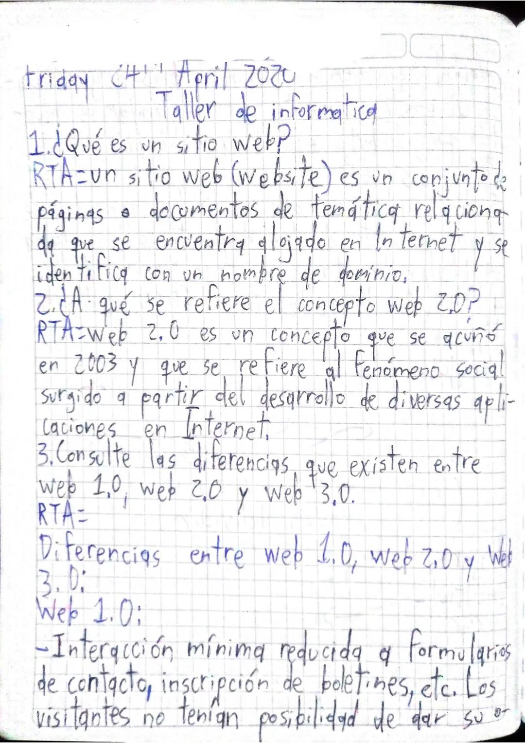 Friday ('4' April 2020
Taller de informatica
1. ¿Qué es un sitio web?
RTA=un sitio web (website) es un conjunto de
págings • documentos de t