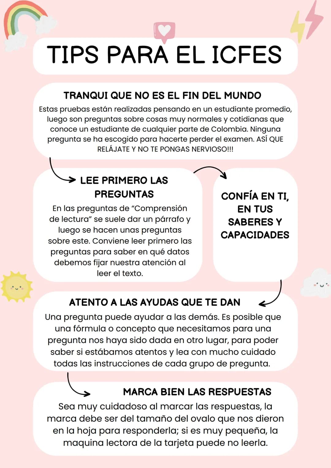 TIPS PARA EL ICFES
NO DEJES TODO PARA LO ÚLTIMO
No vale la pena que unos días antes te
trasnoches estudiando. Lo que no
aprendiste con anter