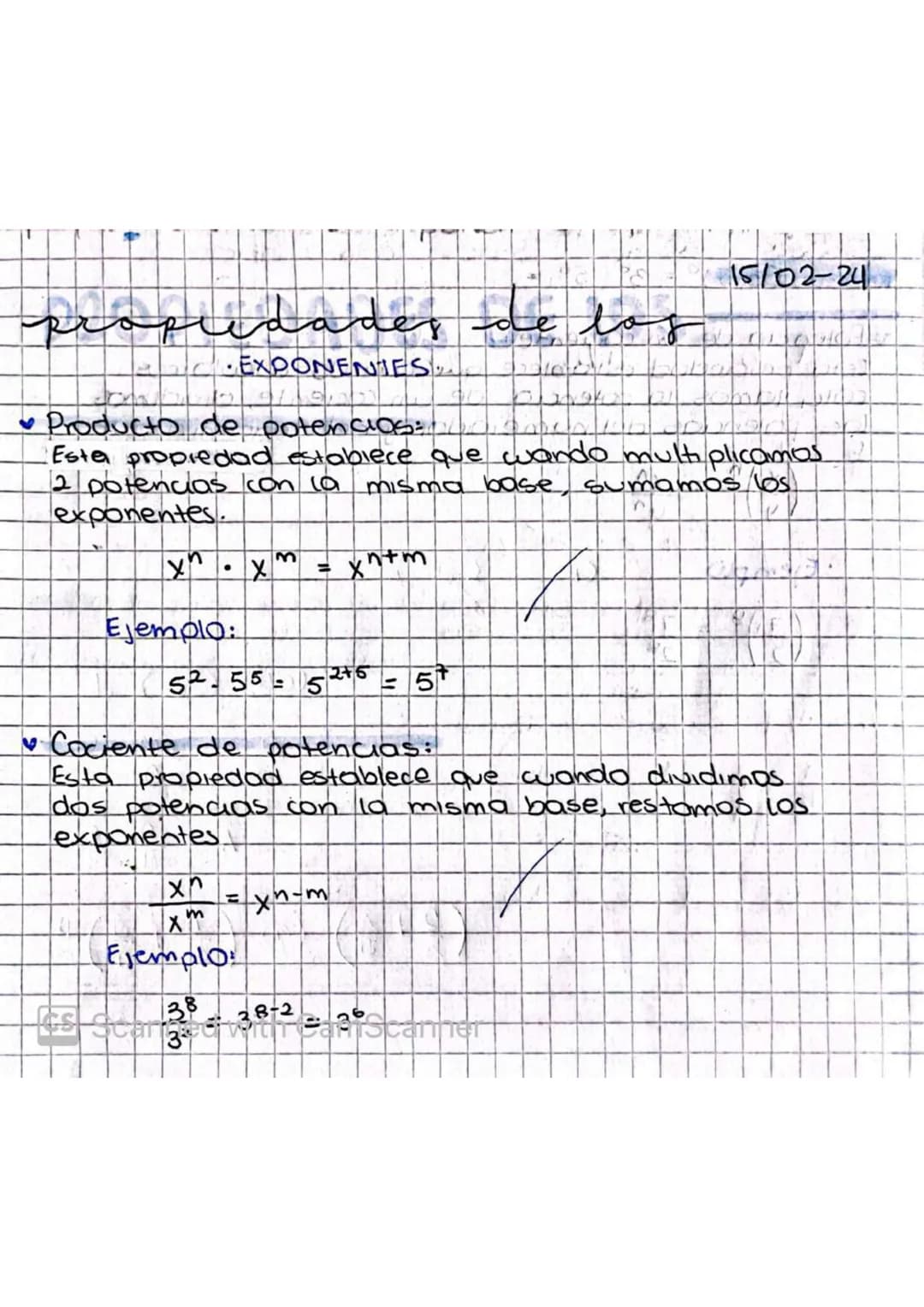 4
15/02-24
propiedades de log
EXPONENIES.
Producto de potencias:
Este propiedad establece que wando mult, plicamos
2 potencias con la
expone