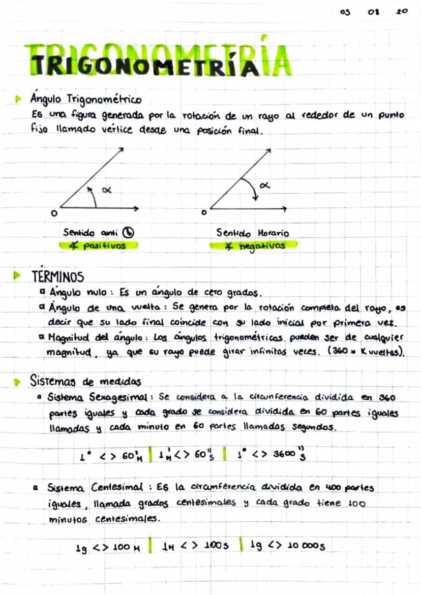 03 08 20
TRIGONOMETRÍRÍA
Ángulo Trigonométrico
Es una figura generada por la rotación de un rayo al rededor de un punto.
fijo llamado vertic