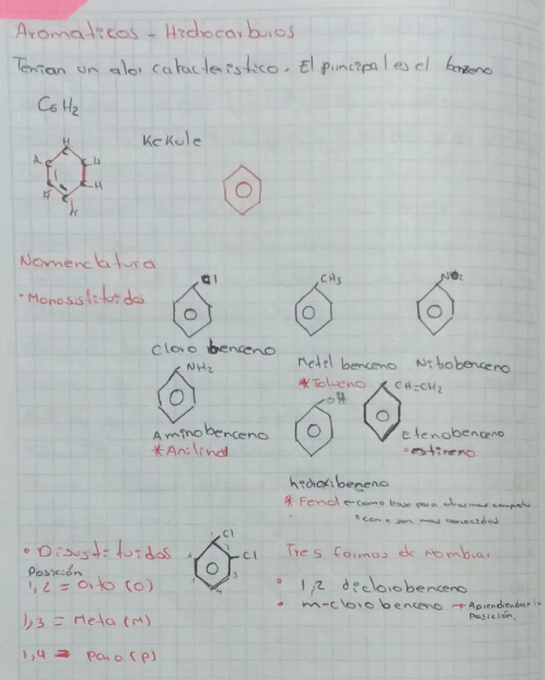 Aromaticos - Hidrocarburos.
Tenian un aloi caracteristico. El principal es el bazeno
Co Hz
Kekule
A.
L
O
Nomenclatura
•Monosistituida
Cloro 