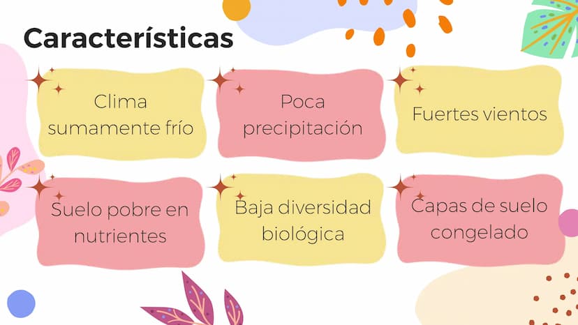 Tundra
Características, tipos, clima, flora y
fauna Características
Clima
sumamente frío
Poca
precipitación
Fuertes vientos
Suelo pobre en
n