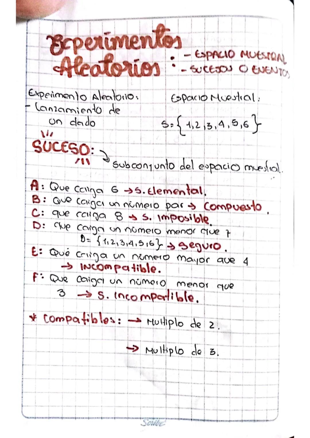# Experimentos
# Alcatorios

Experimento Aleatorio:
- Lanzamiento de
un dado

W
SUCESO: subconjunto del espacio muestral.

A: Que Calija 6s.