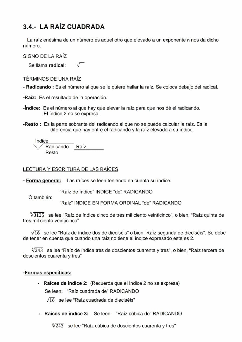 LECCIÓN 3: POTENCIACIÓN Y RADICACIÓN
3.1.- POTENCIAS
La potenciación es la operación que permite obtener el valor de una potencia. Una poten