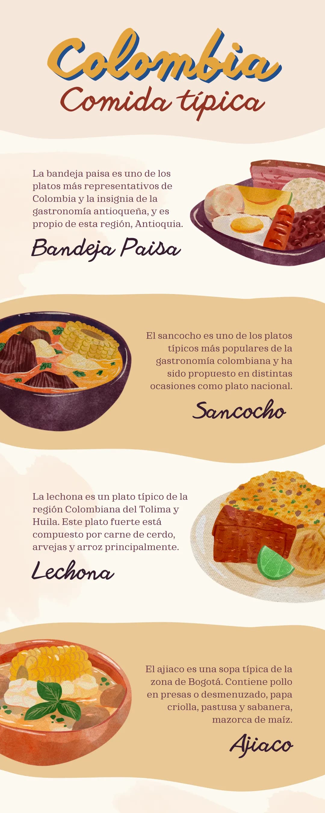 Colombia
Comida típica
La bandeja paisa es uno de los
platos más representativos de
Colombia y la insignia de la
gastronomía antioqueña, y e
