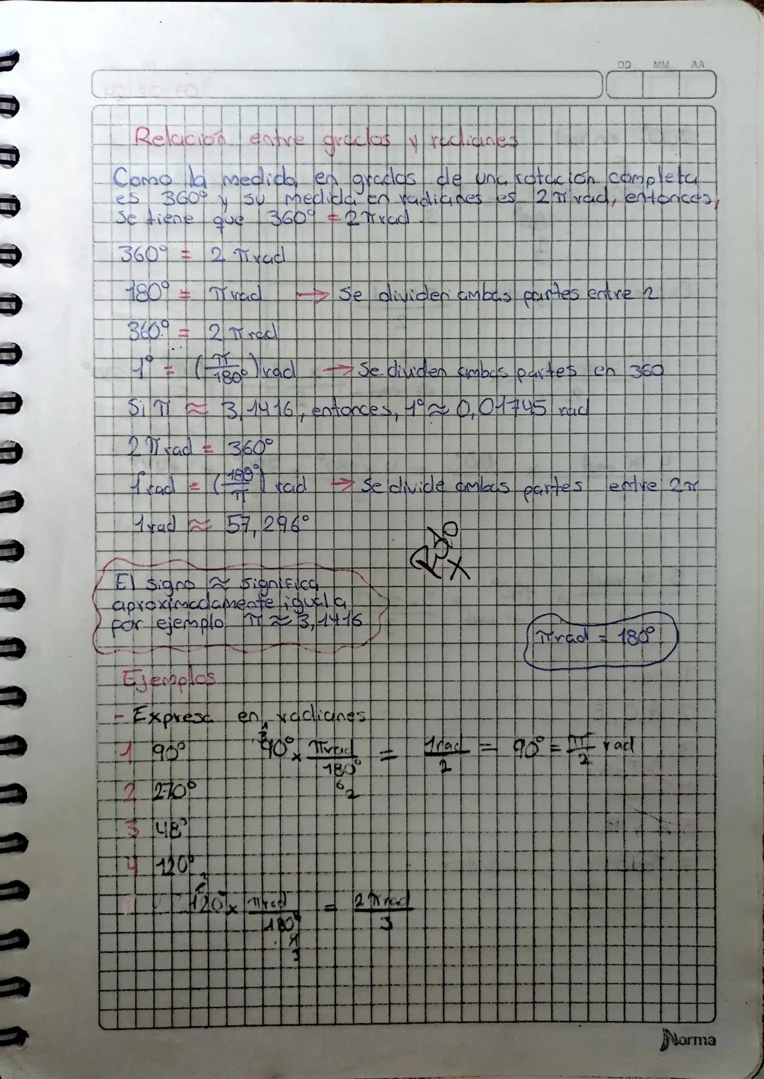 DD
MM
AA
# Relación entre gracios y recicines
Como la medida en grados de una rotación completa
es 360° y su medida en radianes es 2 Tivad, 