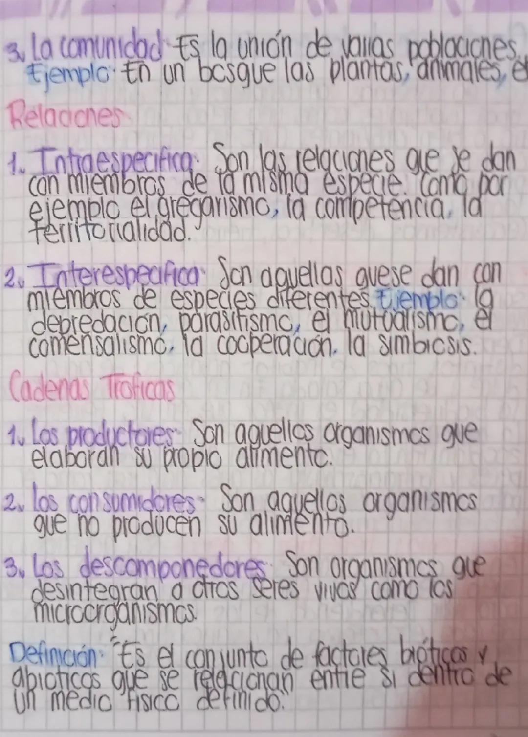 3. La comunidad Es la unión de vallas poblaciones,
Ejemplo. En un bosgue las plantas, animales, et

Reladones

1. Intra especifica: Son las 