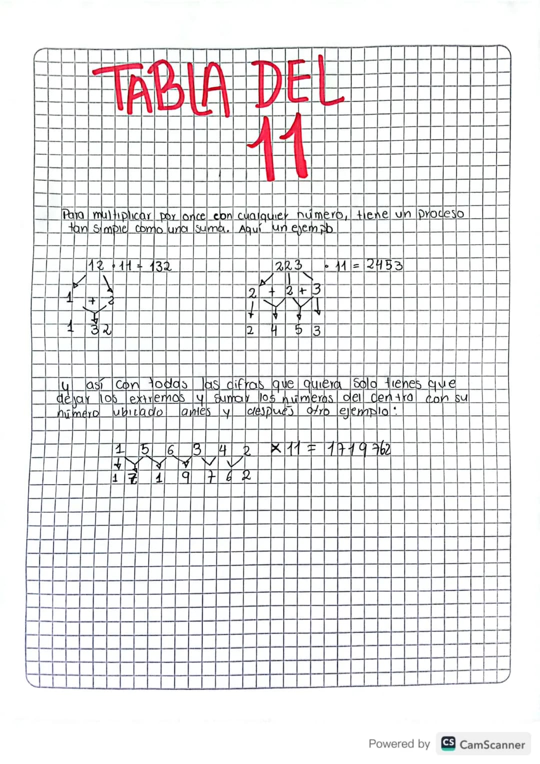 TABLA DEL
11
Para multiplicar por once con cualquier numero, tiene un proceso
tan simple como una suma. Aquí un ejempb
12 11 = 132
1223
11 =