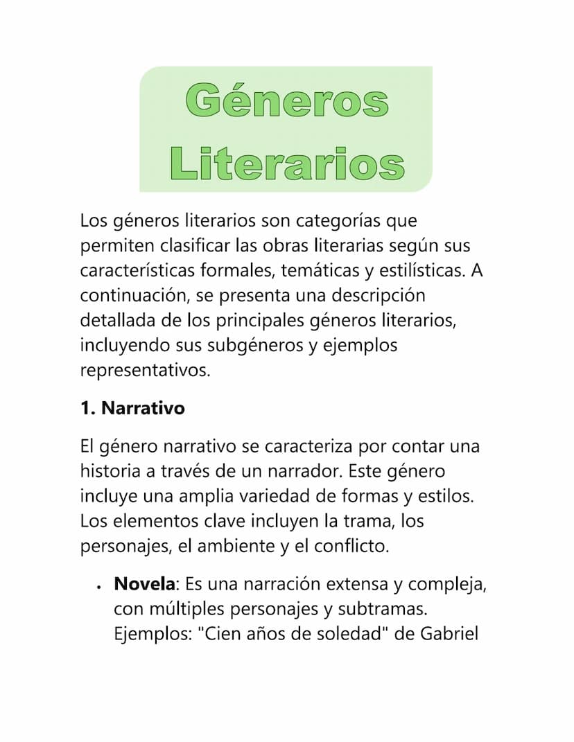 Géneros
Literarios
Los géneros literarios son categorías que
permiten clasificar las obras literarias según sus
características formales, te