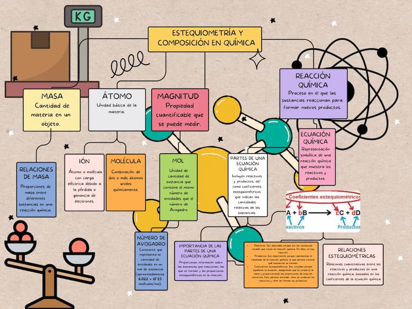 KG
MASA
Cantidad de
materia en un
objeto.
elle
ÁTOMO
Unidad básica de la
materia.
ESTEQUIOMETRÍA Y
COMPOSICIÓN EN QUÍMICA
MAGNITUD
Propiedad