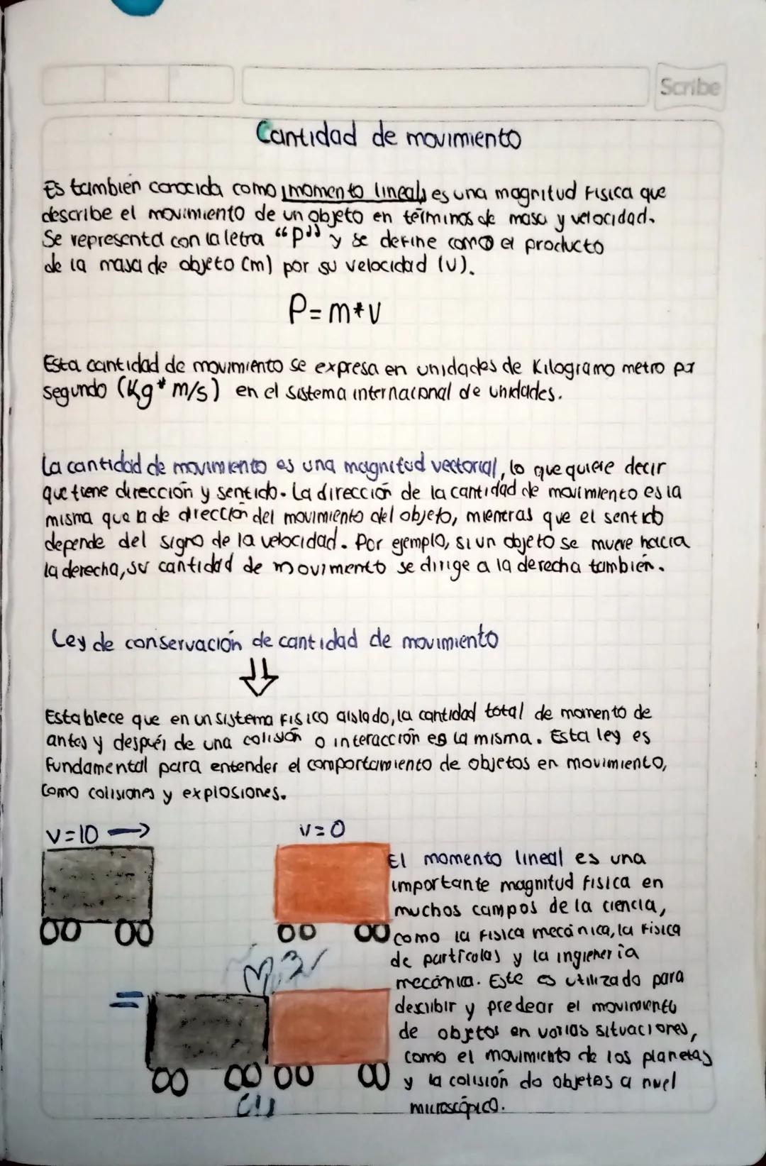 Scribe
Cantidad de movimiento
Es tambien conocida como momento lineals es una magnitud Fisica que
describe el movimiento de un objeto en tér