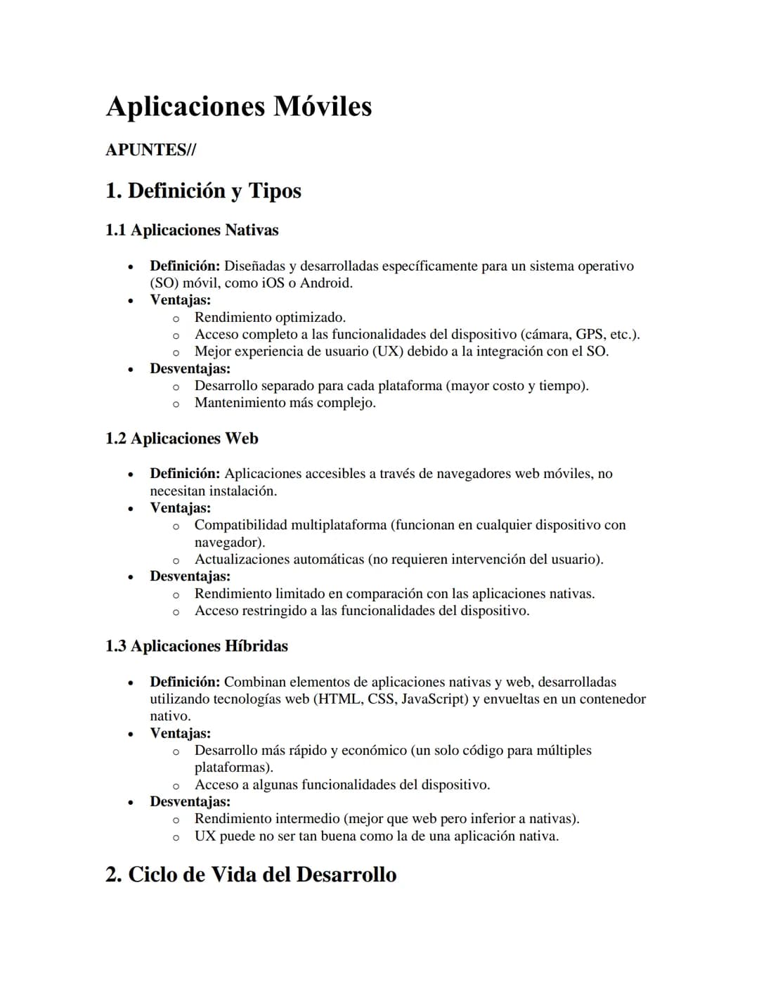 Aplicaciones Móviles
APUNTES//
1. Definición y Tipos
1.1 Aplicaciones Nativas
•
•
Definición: Diseñadas y desarrolladas específicamente para